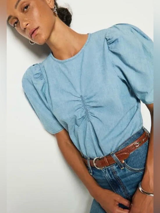 Nation LTD Tops - Nation LTD Cecily Blue Chambray Puff Sleeve Organic Cotton Top S